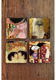 Resim Doğaltaş Bardak Altlığı 4'lü Set - Uv Baskılı Doğal Taş Bardak Altı - Gustav Klimt Eserleri Çok Renkli 
