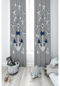 Resim Mekta Home Bebek Ve Çocuk Odası Çapa Desenli Gri 2 Kanat Fon Perde 