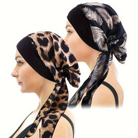Resim 2 Parça Etnik Tarz Bağlı Saç Bandı Turban Elastik Geniş Kenarlı Eşarp Peruk Kapağı Kemoterapi Şapkası Ev Kapası Seti 