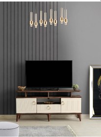 Resim 130 CM MDF MEBRAN KAPAK RAFLI TV SEHPASI BAROK CEVİZ - KREM 
