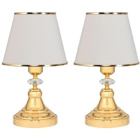 Resim Art Deco Tarz Kristal Taş Süslü Metal Ayak Ve Gold Şeritli Krem Başlık 2'li Abajur Seti İki Adet Krem 