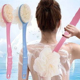 Resim 2'si 1 Arada Yumuşak Lufa ve Kıllı Çift Başlı Sırt Fırçası - Pil Gerektirmeyen, Yağsız Peeling Duş Aleti ile Nazik Açık Bej Temizlik & Kas Masajı (Pembe & Mavi), Ergonomik Saplı, Dayanıklı Yapılı Cilt Bakım Rutini için Duş Fırçası 