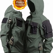 Resim Erkekler için Kamuflaj Polar Astarlı Taktik Ceket - Rüzgar Geçirmez, Sıcak, Çok Cepli Kapüşonlu Kaban, Dış Aktiviteler, Kamp, Yürüyüş ve İş için - Dayanıklı Polyester Karışımı, Uzun Kollu, Taktik Giyim|Polar Astarlı Ceket|Taktik Özellikler, Rüzgarlık Ceket 