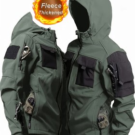 Resim Erkekler için Kamuflaj Polar Astarlı Taktik Ceket - Rüzgar Geçirmez, Sıcak, Çok Cepli Kapüşonlu Kaban, Dış Aktiviteler, Kamp, Yürüyüş ve İş için - Dayanıklı Polyester Karışımı, Uzun Kollu, Taktik Giyim|Polar Astarlı Ceket|Taktik Özellikler, Rüzgarlık Ceket 