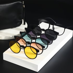 Resim Manyetik Snap-On Lensli 6'sı 1 Arada Retro Yuvarlak Gözlükler, TR Çerçeve + 5 Değiştirilebilir Lens + Kılıf Seti, Kadınlar / Erkekler için Tatil Hediyeleri 