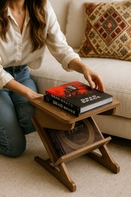 Resim KUT TASARIM Ahşap sehpa gazetelik dergilik doğal ceviz rengi koltuk yanı 