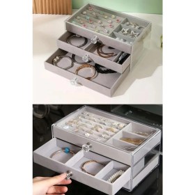 Resim MCM Group Modern Gri 3 Çekmeceli Takı Bijuteri Mücevher Kutusu Organizer Düzenleyici Şeffaf 13 x 23 x 10 cm 