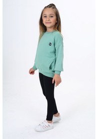 Resim Toontoy Kids Toontoy Kız Çocuk 2'li Takım Baskılı Bisiklet Yaka Düşük Omuz Cepli Sweatshirt & Basic Düz Tayt Yeşil 