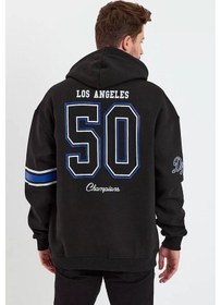 Resim Erkek Baskılı Kapşonlu Üç İplik Oversize Sweatshirt - Siyah 001 
