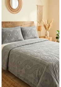 Resim Gri Kabartma Desenli Yumuşak Dokulu Çift Kişilik Bohem Yatak Örtüsü Takımı 220x240cm Çeyiz Takımı 