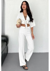 Resim Noa & Noa Kadın Bağlamalı Crop Bluz & Çizgili Bol Paça Kimono Pantolon Takımı Yazlık Şıklık Beyaz 