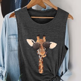 Resim Kadınların Şirin Zürafa Baskılı Kolsuz Atleti - Rahat Yuvarlak Yaka, Aplikasyon Detaylı, Canlı Karikatür Tasarımı, Hafif Polyester, Bahar/Yaz/Sonbahar İçin | Kolsuz Moda | Aplikasyon Detayları 