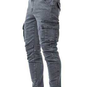 Resim Erkek Çok Cepli Slim Fit Kot Pantolon, Sokak Stili, Yüksek Esnek kot, %65 Pamuk %33 Polyester %1,5 Spandeks, Düz Renk, Yıkanmış, Tüm Mevsim Skinny Fit, Normal Uzunluk, Dokuma Kumaş, 385g/m² - Genç 