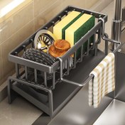 Resim Bulaşık kurutma, musluk, lavabo ve bulaşık deterjanı ve çelik sünger depolama için çok fonksiyonlu bir mutfak askısı. 
