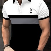 Resim Erkekler için Rahat Kısa Kollu Golf Gömleği - Nefes Alabilen Çizgili Tasarım ve Maça Logolu, Makinede Yıkanabilir Yazlık Spor Giysi Golf & Günlük Kullanım İçin, Kontrast Kenarlı Tasarım, Şeffaf Olmayan Kumaş 