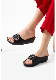 Resim Albishoes Sahra Kadın Tokalı Yumuşak Hafif Rahat Taban Günlük Dışarı Ev Terlik Anatomik Kadın Terlik Siyah 