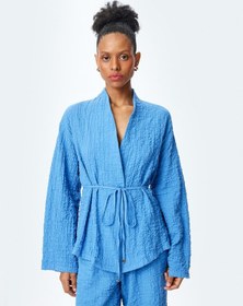 Resim Koton Pamuklu Kemer Detaylı Dokulu Uzun Kollu Kimono Mavi 5sak50100uw Mavi 