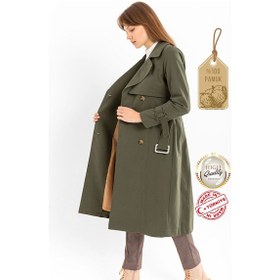 Resim Pastelastore %100 Pamuk Gabardin Uzun 110cm Astarlı Kemerli Kadın Trençkot 1111 Haki 