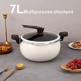 Resim 7L Büyük Kapasiteli Dökme Demir Tencere ile Kapak - 27.0 cm Çok Amaçlı Gaz/Elektrik/Mıknatıslı Ocaklar için, Yapışmaz Beyaz & Siyah Tasarım, Ergonomik Saplar, Çorbalar, Yemekler, Braising ve Yavaş Pişirme için İdeal, Ocak Üstü Kullanımına Uygunluk, Şık Mutfak Eşyası, Dayanıklı Mutfak Parçası, Isıya Dirençli Sap, Çorba Yapımı, Modern Pişirme Malzemesi, Sağlam Yapı, Ev Aşçıları İçin 