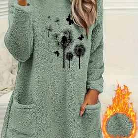 Resim 1 adet Kadınlar için Yaban Turpu ve Kelebek Desenli Plüş Yaka Cebi Ev Gecelik, Polyester Örgü Kumaş Sonbahar/Kış Lounge Robe 