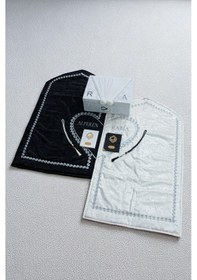 Resim Çeyizlik Kişiye Özel İsimli Kalpli Seccade Seti - Sandıklı Bohçalık Hediyelik Eşli Çift Seccadesi Siyah Beyaz 