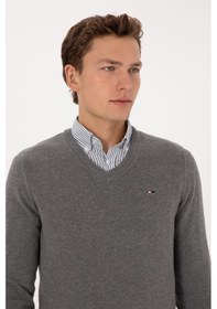 Resim U.S. Polo Assn. Erkek Slim Fit V Yaka Gri Melanj Basic Kazak 50313668-VR086 