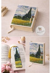 Resim Kitap Kılıfı Ve Metal Kitap Ayracı Seti Van Gogh Selvi Ağaçlı Buğday Tarlası 