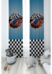 Resim Mekta Home Bebek Ve Çocuk Odası Mavi Mcqueen Deseli 2 Kanat Fon Perde 