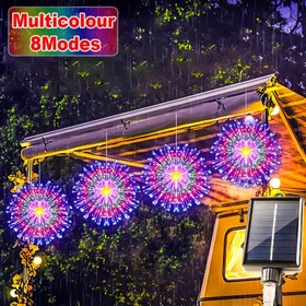 Resim Asılı güneş enerjili havai fişek feneri seti, 4 adet, LED bakır tel havai fişek ışık dizisi, IPX4 güneş enerjili havai fişek ışıkları, 8 aydınlatma modlu dış mekan peyzaj dekoru havai fişek feneri dizisi, avlu, bahçe, düğün, Noel, tatil partisi süslemesi için kullanılır 