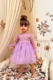 Resim penu baby kids Mor Uzun Tül Kol Tütülü Kız Bebek Elbise - Cinderella 