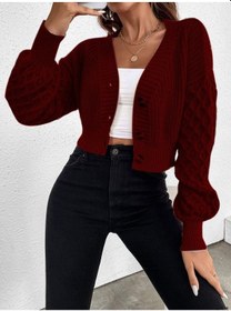 Resim Aqe Fashion V Yaka Örgü Desenli Triko Crop Bordo Hırka Bordo 