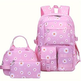 Resim 3 adet Papatya Desenli Sırt Çantası Seti - Fermuarlı Kapanışlı Sevimli Pembe Papatya Tasarımları, Hafif, Elde Yıkanabilir, Trolley Kılıfı ve Zincirli Askı Dahil, Okul ve Seyahat Gereksinimleri İçin İdeal, Okul Sırt Çantaları | Canlı Aksesuar | Fermuarlı Sırt Çantası 