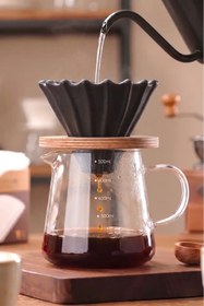 Resim VESTRON Siyah V60 02 Dripper Ahşap Standlı Seramik Kahve Demleme Ekipmanı (Black Ceramic) 
