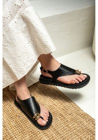 Resim Laminta Kalon Gold Yüzük Detaylı Kadın Sandalet - Siyah 