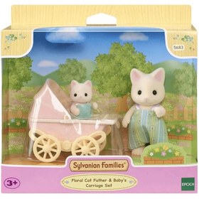 Resim Sylvanian Families Çiçekli Kedi Baba ve Bebek Arabası 5683 