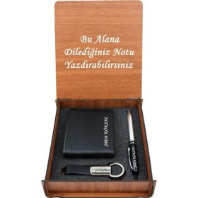Resim Isme Kişiye Özel Ahşap Kutulu Deri Cüzdan Anahtarlık ve Kalem Set 