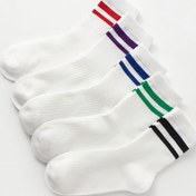 Resim 5'li Paket Gençler için Renkli Çizgili Orta-Baldır Çoraplar - Spor, Günlük ve Okul İçin Nefes Alabilir Polyester Elastik Kabartmalı Manşetler - İlkbahar/Yaz & Okula Dönüş Sezonu için Karışık Renkler, Çocuk Çorapları, Canlı Çorap Tasarımı, Pürüzsüz Dokulu 