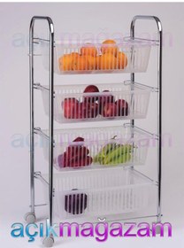 Resim Açıkmağazam Happy Lıfe 4 Katlı Krom Sebzelik Meyvelik Plastık Sepetli-Şeffaf 
