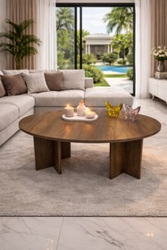 Resim MatBeyaZ Modern orta sehpa salon sehpa MDF elips kahverengi ofis sehpa 100 cm uzunluk 68cm en 