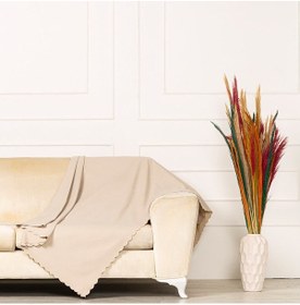 Resim Kum Beji Dokuma Kadife Şönil Düz Kumaş Çift Taraflı Koltuk Şalı 