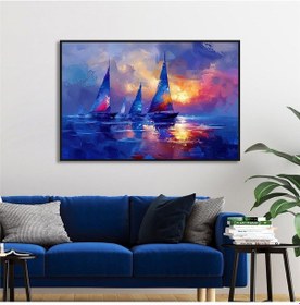 Resim Yağlı Boya Dokulu Tablo Modern Denizde Yelkenliler Siyah Çerçeveli U06015-178980 
