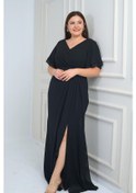 Resim Kadın Arka V Yaka Astarlı Bel Boncuk Detaylı Darapel Büyük Beden Krep Şifon Elbise-41893 Siyah 