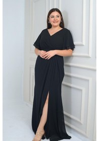 Resim Kadın Arka V Yaka Astarlı Bel Boncuk Detaylı Darapel Büyük Beden Krep Şifon Elbise-41893 Siyah 