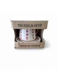Resim Kalp Desenli Büyük Boy Seramik Kahve Fincanı - Filtre Kahve Ve Double Kahve İçin Beyaz - Kırmızı 