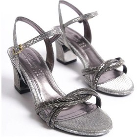 Resim Feles Burgu Taş Detaylı Topuklu Kadın Abiye Ayakkabı Platin 