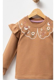 Resim Overdo Kids Fırfırlı Yakası Çiçek Nakışlı 2 İplik Uzun Kol Kız Çocuk Sweatshirt Kahverengi 