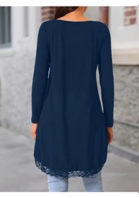 Resim Balmior Kadın Uzun Kollu Bisiklet Yaka Asimetrik Kesim Detaylı Dantelli Viskon Bluz Lacivert 