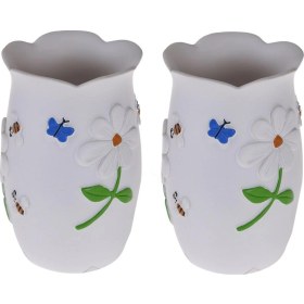 Resim 2 Adet Diş Fırçalık,macunluk Çiçekli Poliresin 7x7x10cm Banyo Seti Çok Renkli 