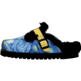 Resim Dogo Kadın Vegan Deri Mavi Içi Peluş Terlik - Vincent Van Gogh The Starry Night Tasarım 