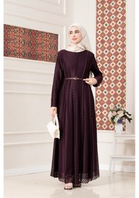 Resim Sevitli Biye Detaylı Kemerli Dantel Tesettür Elbise-mor-5744 